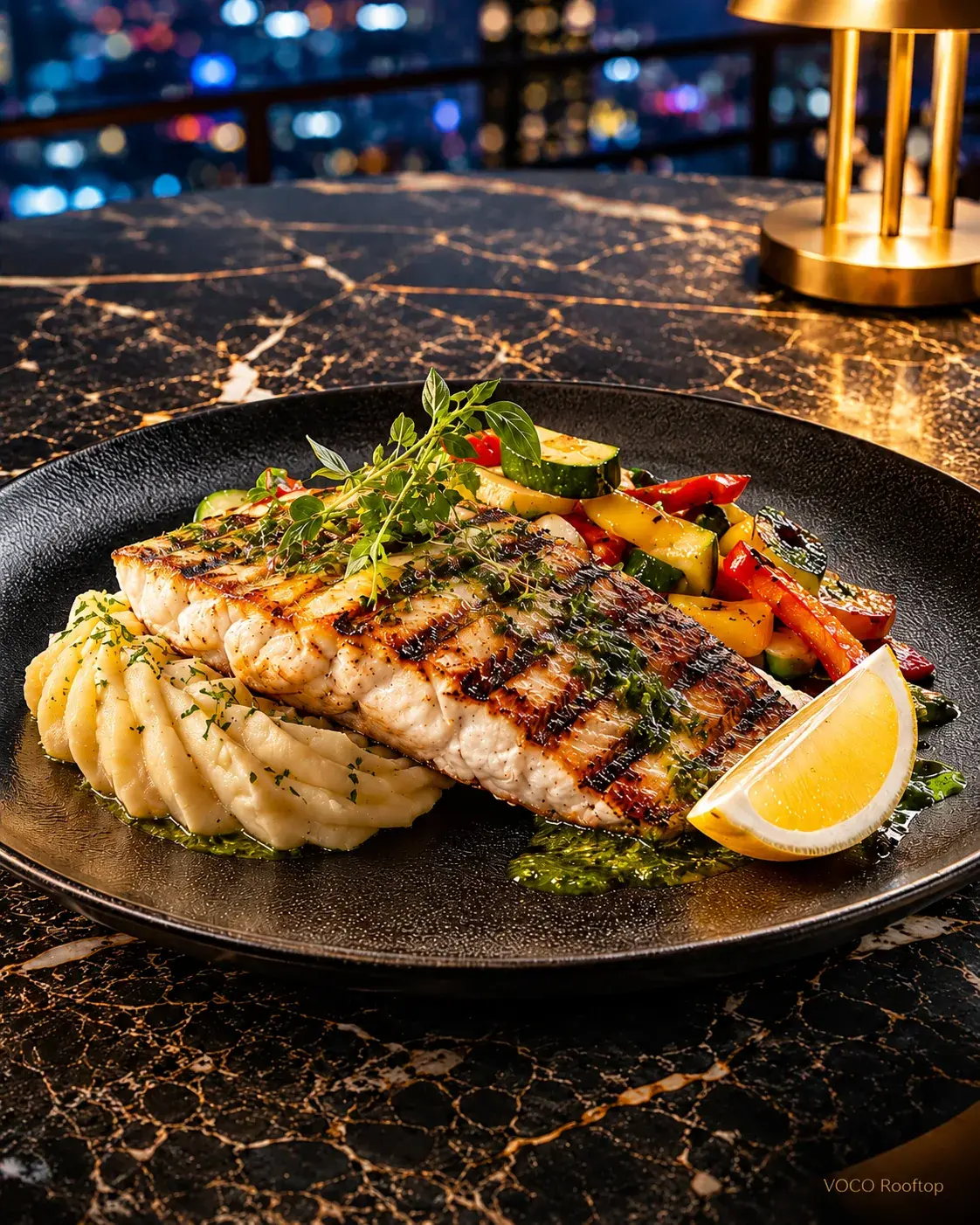 Grilled Fish with Herb Sauce at VOCO Rooftop Lahore